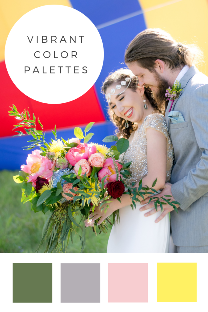 A Wedding color palette example is paired with a sweet photo of a bride and groom laughing with a colorful hot air balloon in the background